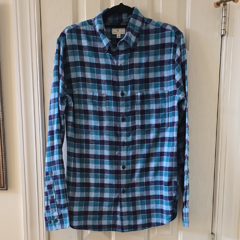 TRUE CRAFT BRAND MEN'S BLUE & TURQUOISE FRONT BUTTON FLANNEL SHIRT SIZE SMALL